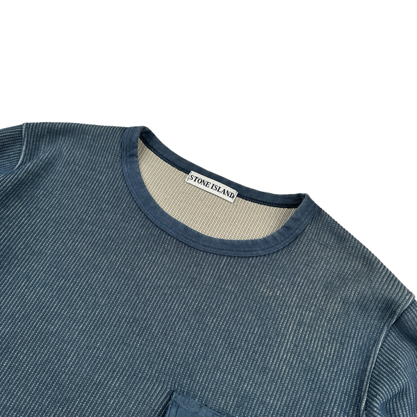 Stone Island Vintage 2000s Blue Ribbed Cotton Blend Pullover Jumper - Large