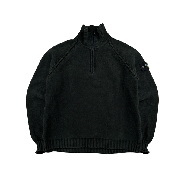 Stone Island 2004 Washed Black Cotton Quarter Zip Neck Pullover - XL