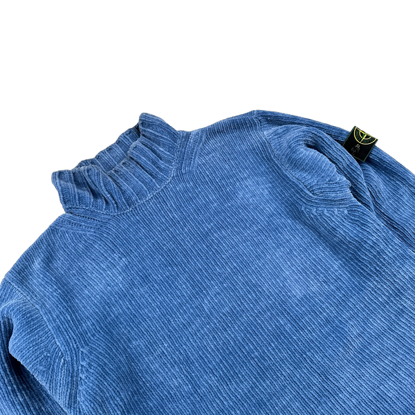 Stone Island 2001 Blue Chenille Knit Vintage Roll Neck Jumper - Large