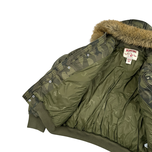 Supreme X True Religion Green Camo Contrast Stitch Pocket Puffer Fur Hood Jacket - Large