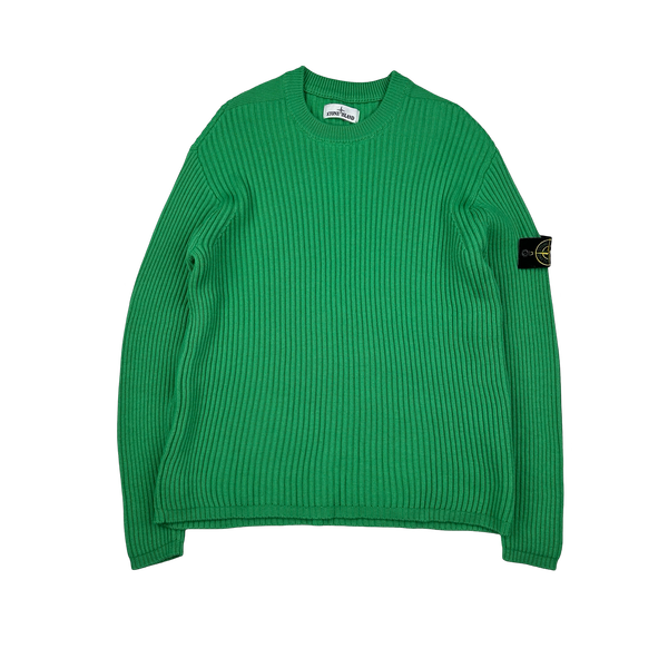 Stone Island 2021 Green Ribbed Wool Crewneck - Large
