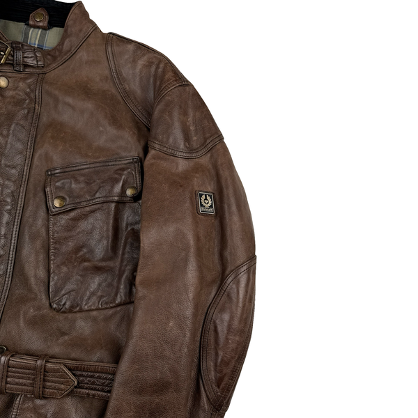 Belstaff Brown Multi Pocket Field Leather Zipped Heavyweight Jacket - XL