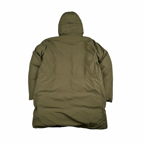 CP Company Khaki Flatt Nylon Extractable Down Filled Lens Viewer Long Puffer Jacket - XL