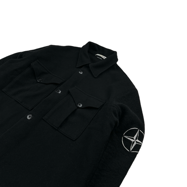 Stone Island 90s Black Wool Collared Buttoned Knit Compass Jumper - Large