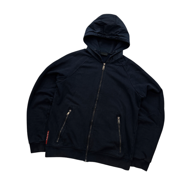 Prada Navy Nylon Metal Panel Cotton Hoodie - Small