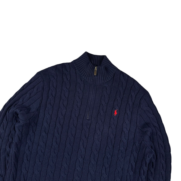Ralph Lauren Navy Cotton Cable Knit Quarter Zip Jumper - XL