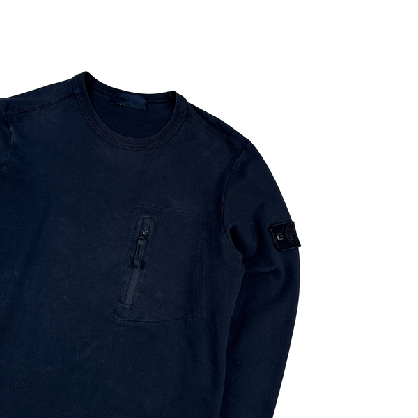 Stone Island Navy Ghost Cotton Chest Zip Crewneck Jumper - Medium