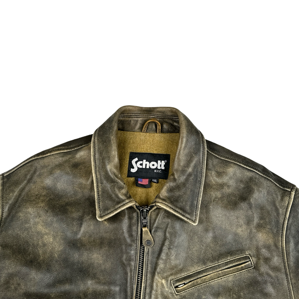 Schott Brown Cowhie Cuir Vachette Leather Zipped Collar Jacket - XXL