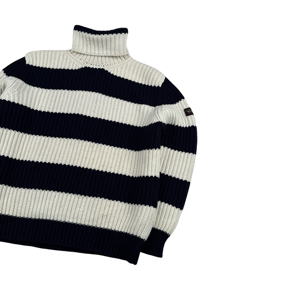 Paul & Shark Navy White Stripped High Neck Wool Blend Jumper - Large