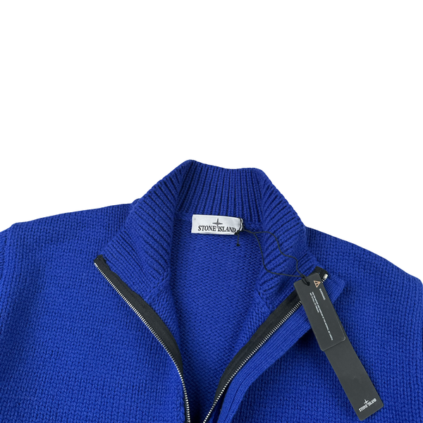 Stone Island 2025 Marina Blue Quarter Zip Pure Wool Knit Spellout Jumper - Large