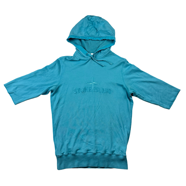 Stone Island Teal Blue Cotton Pullover Spellout Short Sleeve Hoodie - Small