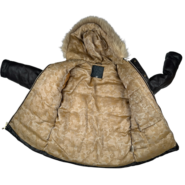 BAPE Nigo Era Brown Heavyweight Leather Fur Hooded Down Filled Jacket - Small