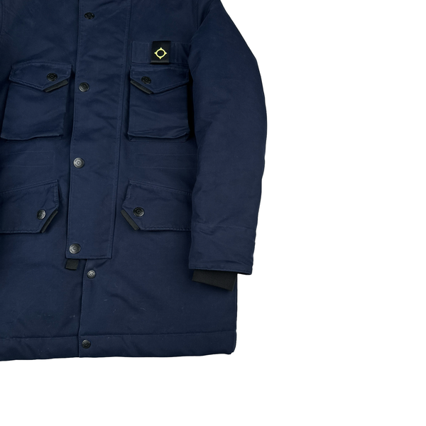 Ma Strum Navy Multi Pocket Long Quilted Fur Hood Trim Jacket - XS