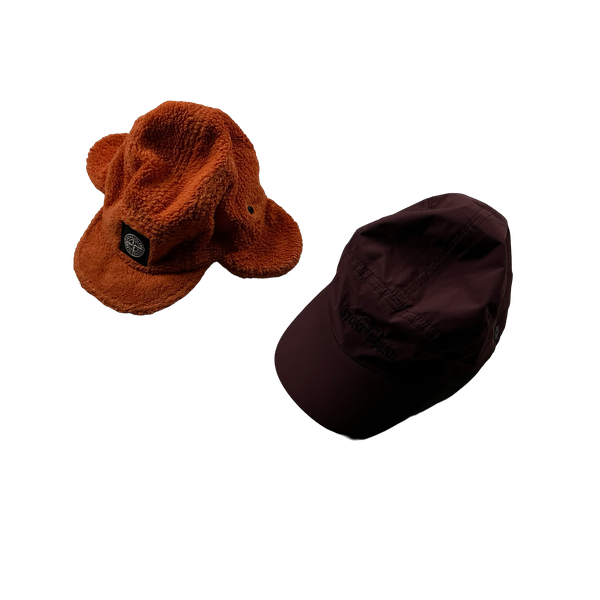 Stone Island 2 In 1 Wine/Orange Fleece Lined Nylon Cap - Large