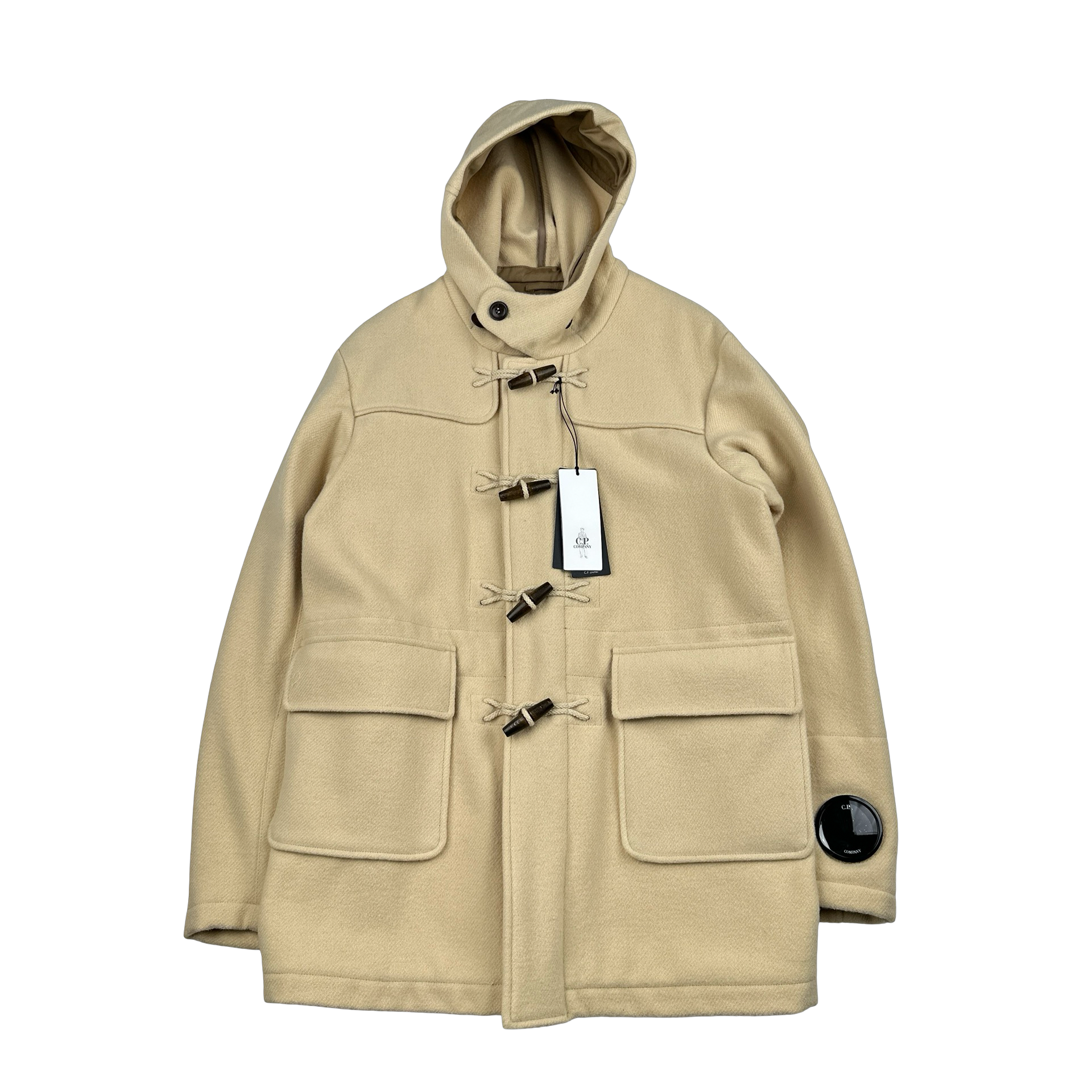 ジャケット・アウター OVERCOAT Speckled Wool Duffle Coat CP Company Tan Wool Spellout Watch Viewer Duffle Jacket - Large