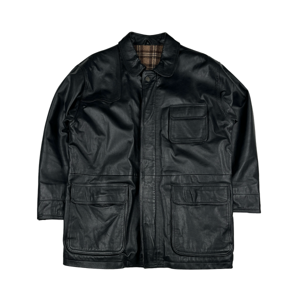 Black Heavyweight Plaid Lined Leather Jacket - Large