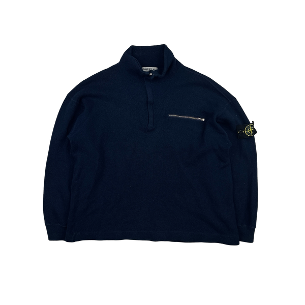 Stone Island 1996 Vintage Navy Quarter Zipped Wool Pullover - Large