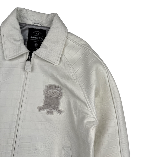 Avirex White Leather Spell Out Bomber Jacket - Medium