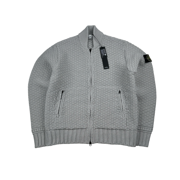 Stone Island 2025 Grey Zipped Wool Organic Chenille Knit Jumper