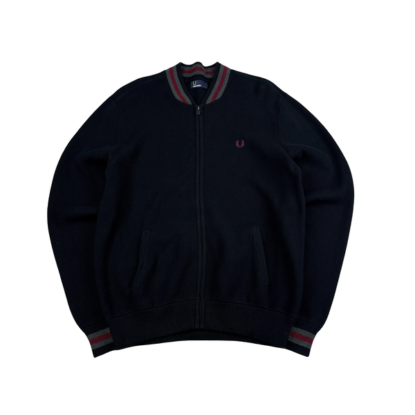Fred Perry Black Zipped Burgundy Collared Knit Jumper - Large