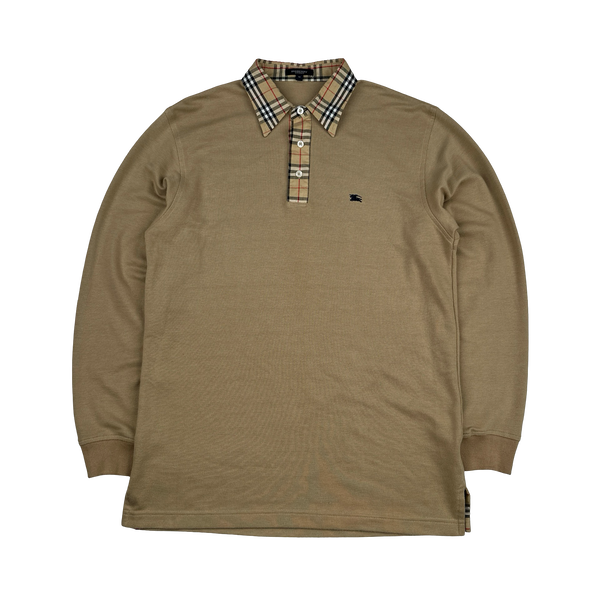 Burberry Nova Check Collared Cotton Long Sleeve Polo Shirt - Medium