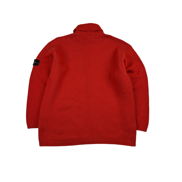 Stone Island 1997 Red Knitted Wool Vintage Roll Neck Jumper - Large