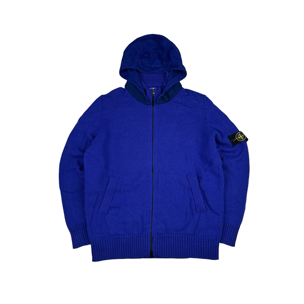 Stone Island 2014 Electric Blue Wool Knitted Hoody Jumper - 3XL