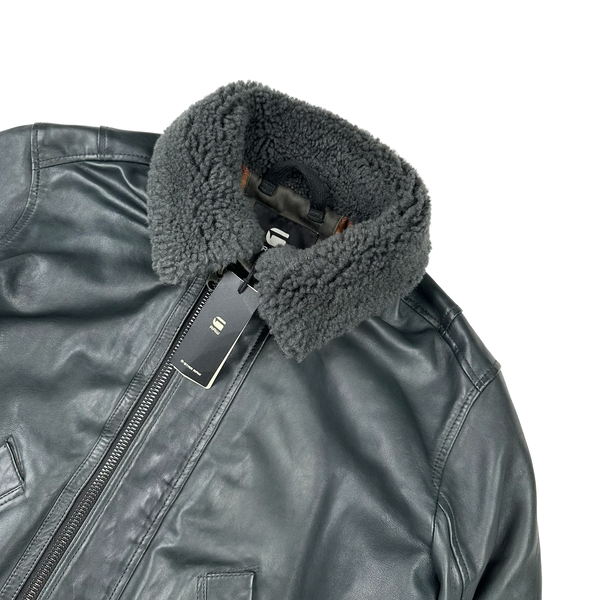 G Star Raw Black Leather Lined Shearling Collar Jacket - Medium