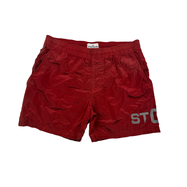 Stone Island 2016 Red Nylon Shimmer Reflective Spellout Swim Shorts - Large