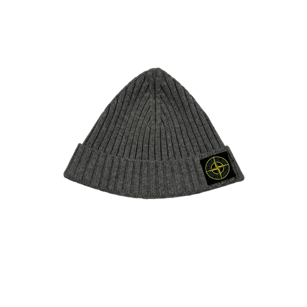 Stone Island Grey Ribbed Logo Patch Beanie
