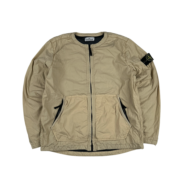Stone Island Beige Garment Dyed Spellout Collarless Zip Up Jacket  - Large