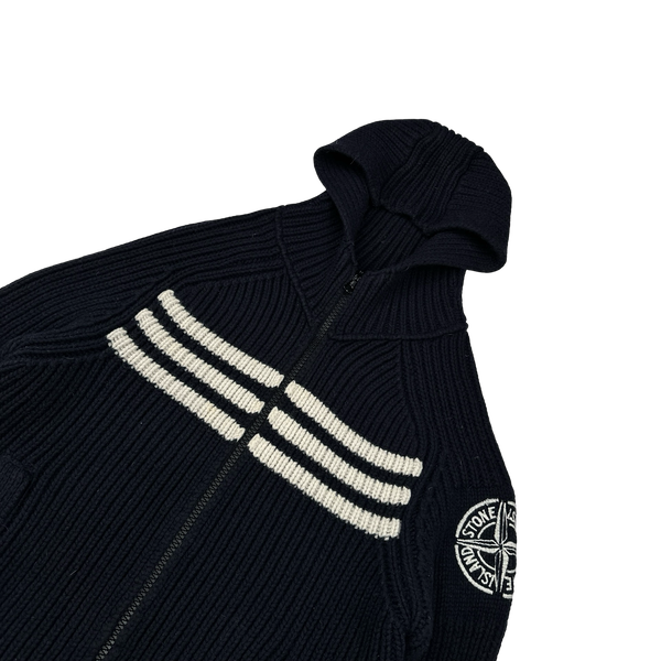 Stone Island 2005 Navy Heavyweight Wool Knit Spellout Hooded Cardigan - Large