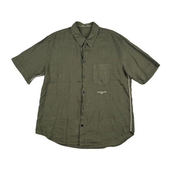 Stone Island 2004 Khaki Lino Flax Spellout Short Sleeve Shirt - XXL