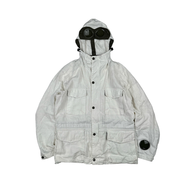 CP Company White Plated Linen La Mille Goggle Jacket - Small