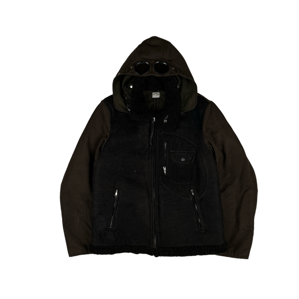 CP Company 2006 Dark Brown Multi Pocket Shearling Lined Goggle Jacket - XL