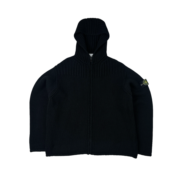 Stone Island AW/2001 Vintage Knitted Zipped Black Hooded Jumper - XXL