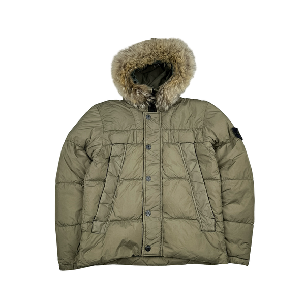 Stone Island 2015 Fur Trim Brown Crinkle Reps Puffer Jacket - Large