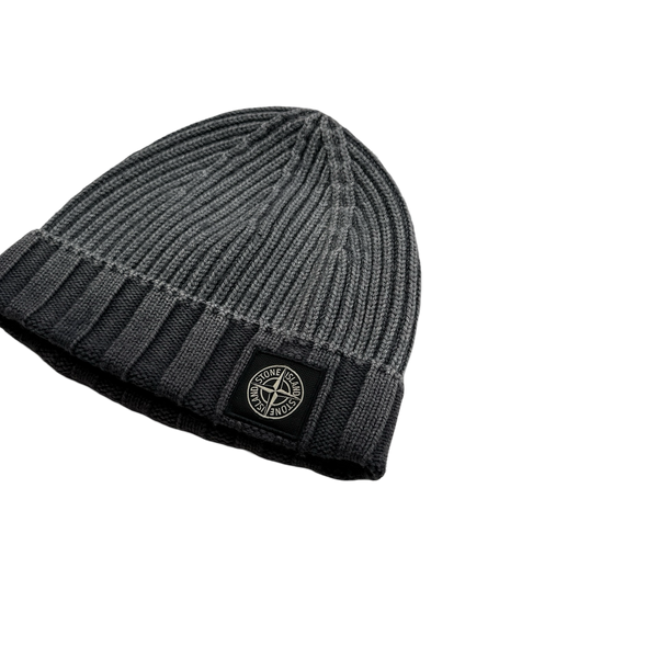 Stone Island 2017 Grey Frost Ribbed Wool Logo Beanie Hat