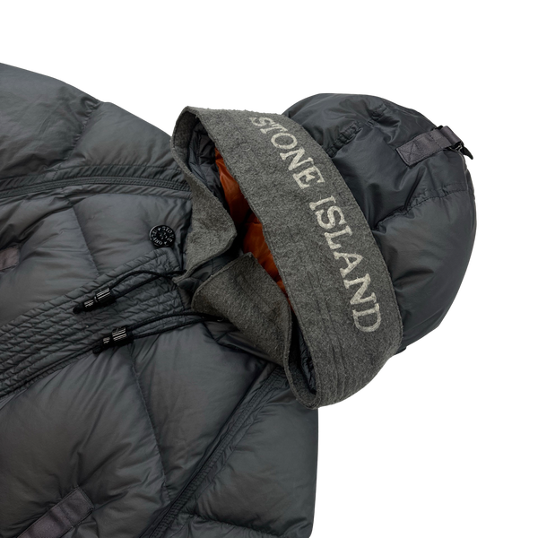 Stone Island 2007 Opaque Nylon Tela Spellout Hood Mesh Badge Long Puffer Jacket - 3XL