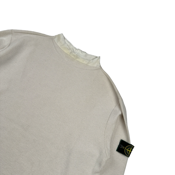 Stone Island 1999 Vintage White Mock Neck Ribbed Cotton Pullover - XXL