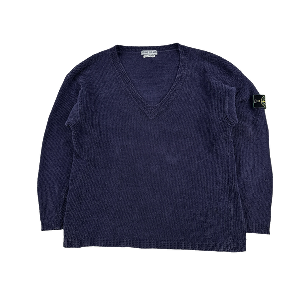 Stone Island Vintage 1998 Navy Chenille Knitted Cotton Jumper - Large