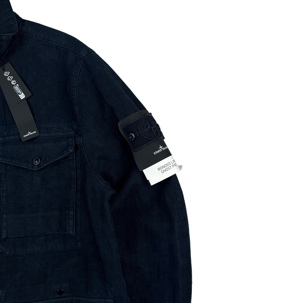 Stone Island 2025 New Season Bonded Linen Navy Ghost Piece Jacket - Large