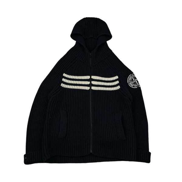 Stone Island 2005 Navy Heavyweight Wool Knit Spellout Hooded Cardigan - Large