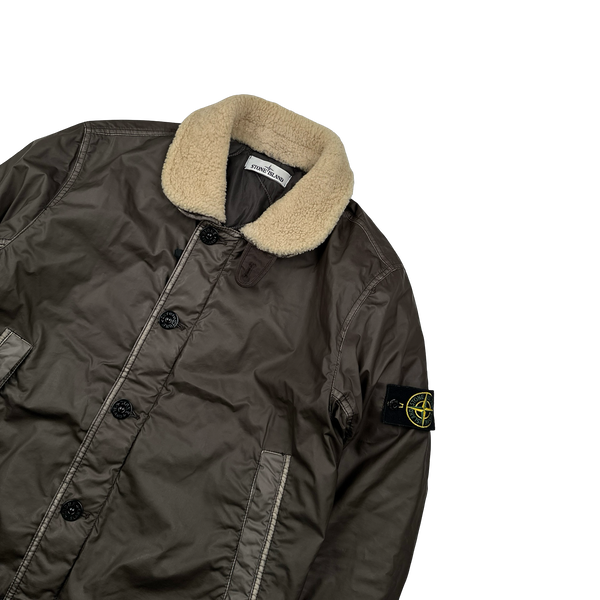 Stone Island 2015 Dark Green Mussola Gommata Sherling Flight Jacket - Medium