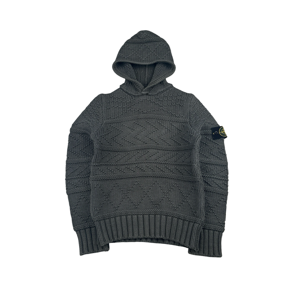 Stone Island 2009 Grey Cotton Detailed Knit Pullover Hoodie - Small