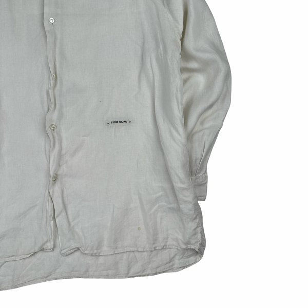 Stone Island White Linen Spellout Buttoned Shirt - Large