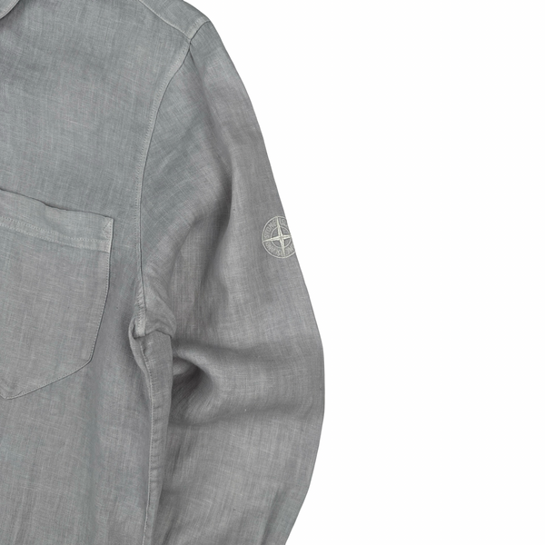 Stone Island Linen Grey Arm Logo Buttoned Shirt - Small