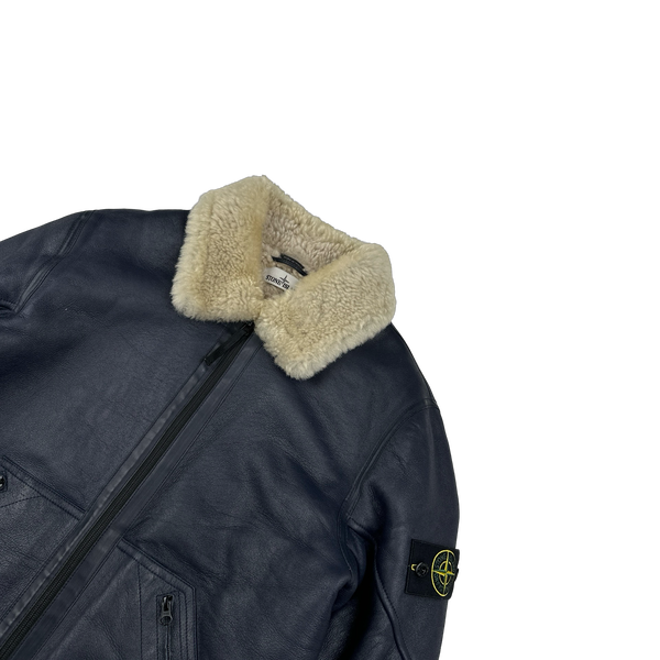Stone Island 2014 Navy Hand Painted Leather Sheepskin Shearling Jacket - XL