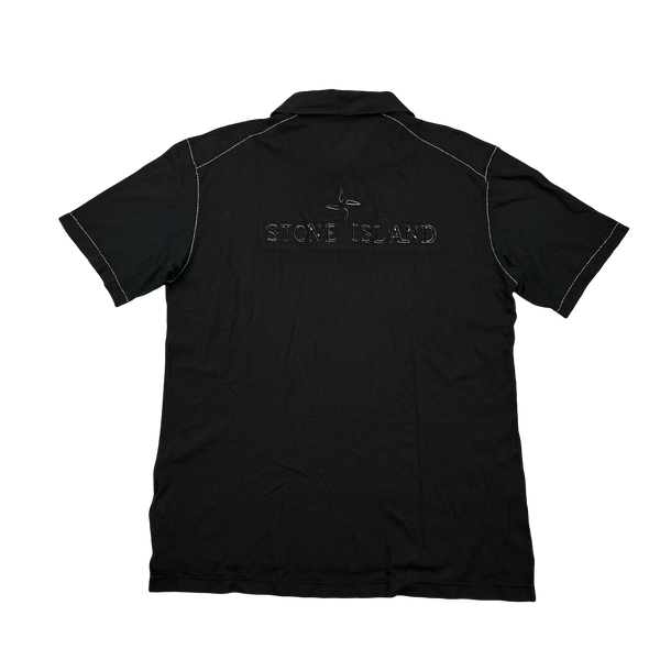 Stone Island 2004 Black Contrast Stitch Laser Cut Spellout Cotton Polo Shirt - XL