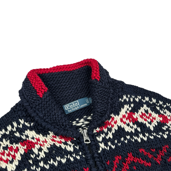 Ralph Lauren Wool Cable Knit Zipped Folk Style Flag Jumper - Medium